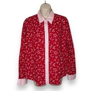 Harve Benard Cottagecore Red White Floral Stripe Long Sleeve Shirt Women Size XL
